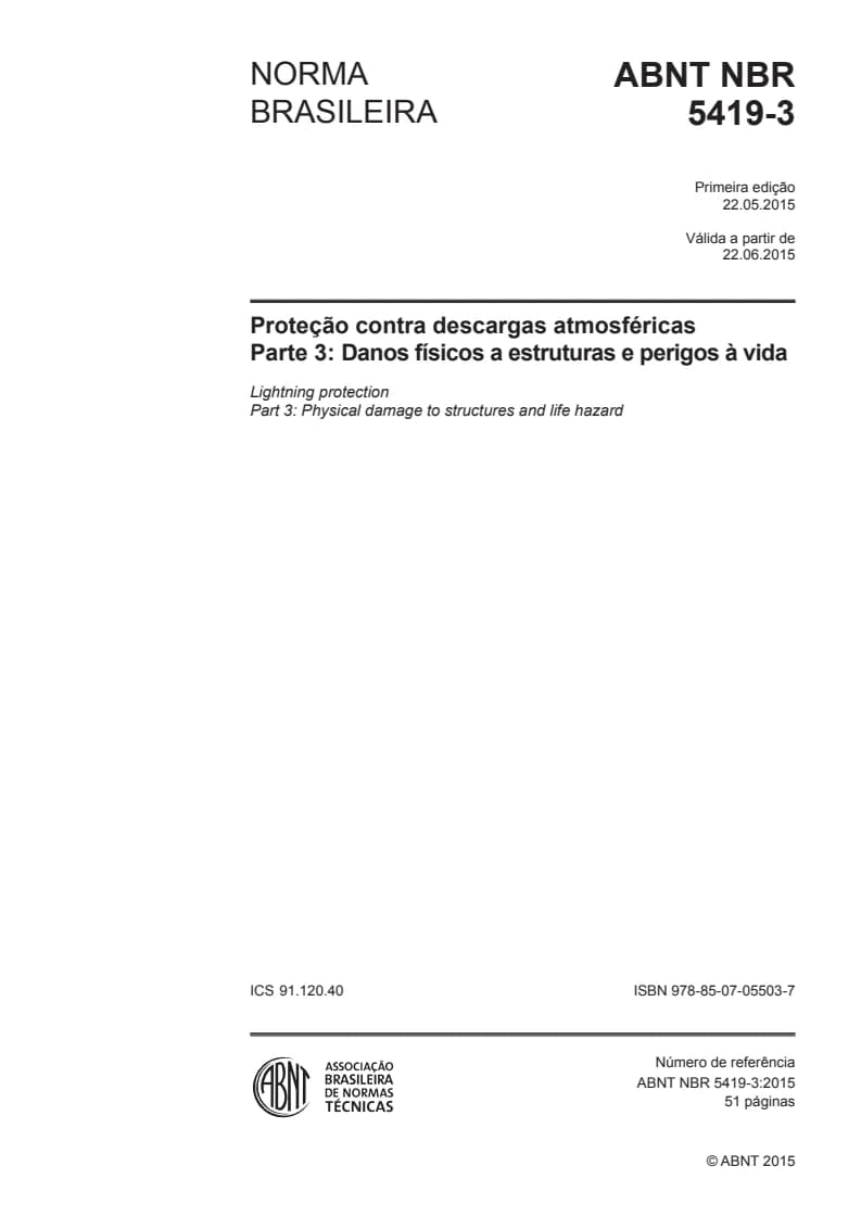 Capa NBR 5419:2015 — Parte 3: Danos físicos a estruturas e perigos à vida