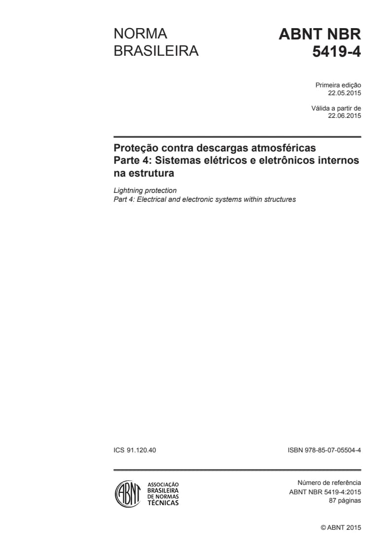 Capa NBR 5419:2015 — Parte 4: Sistemas elétricos e eletrônicos internos