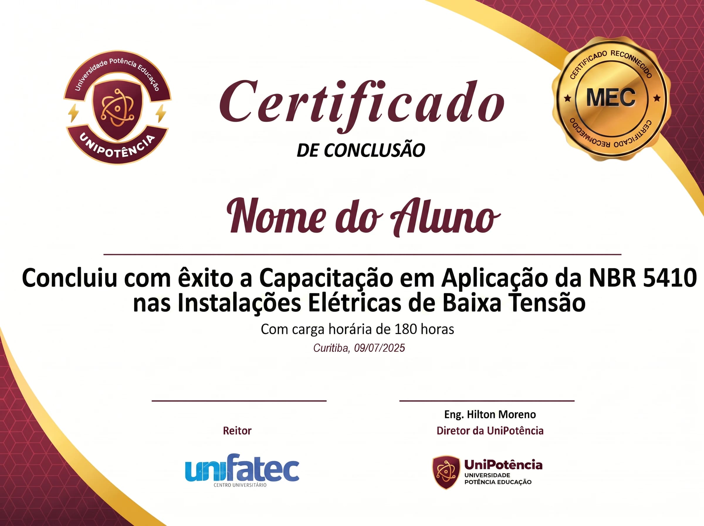 Modelo do Certificado de Extensão Universitária — Como Aplicar a NBR 5410 (UniFatec)