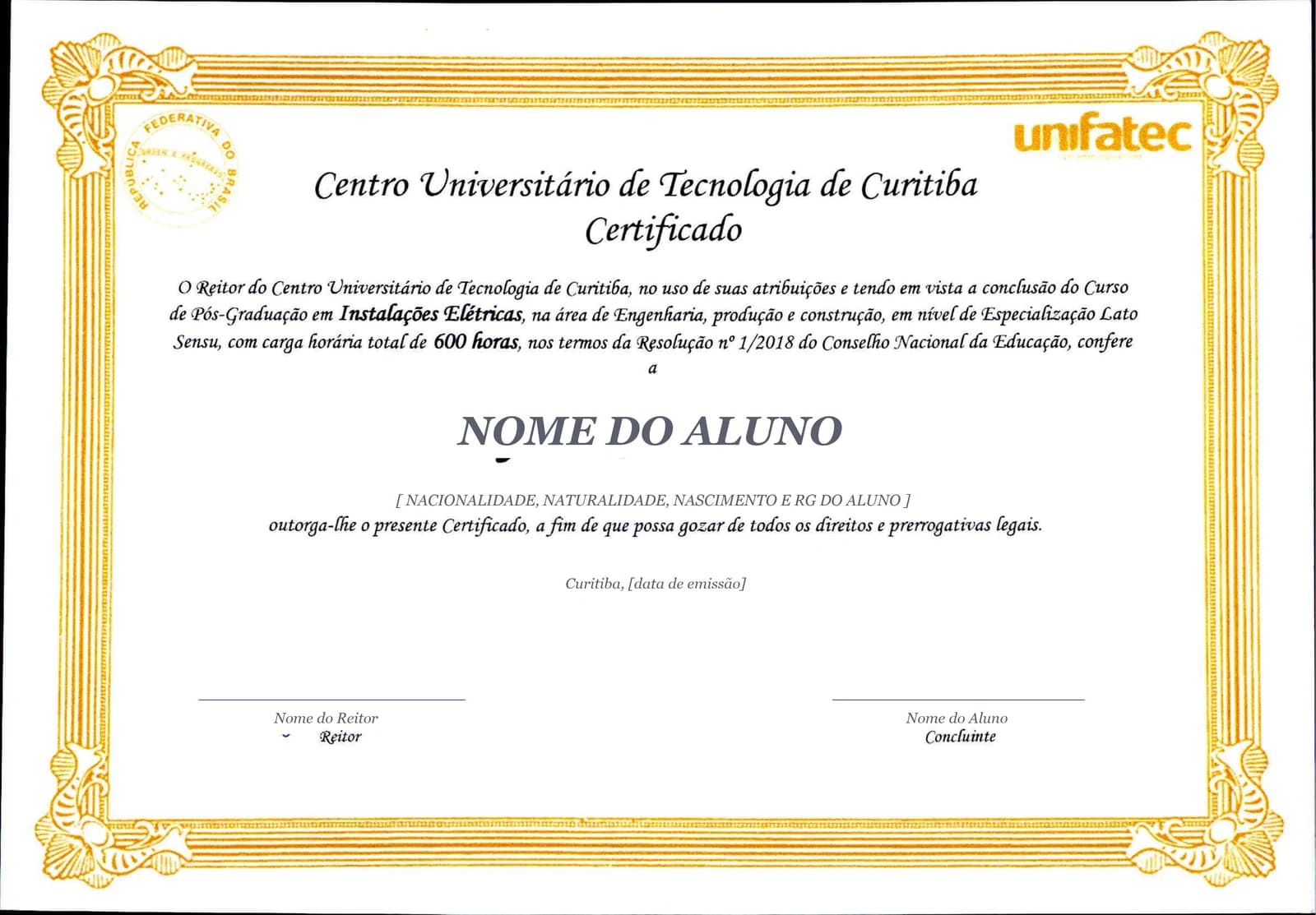 Modelo do certificado de Pós-graduação em Instalações Elétricas emitido pela UniFatec