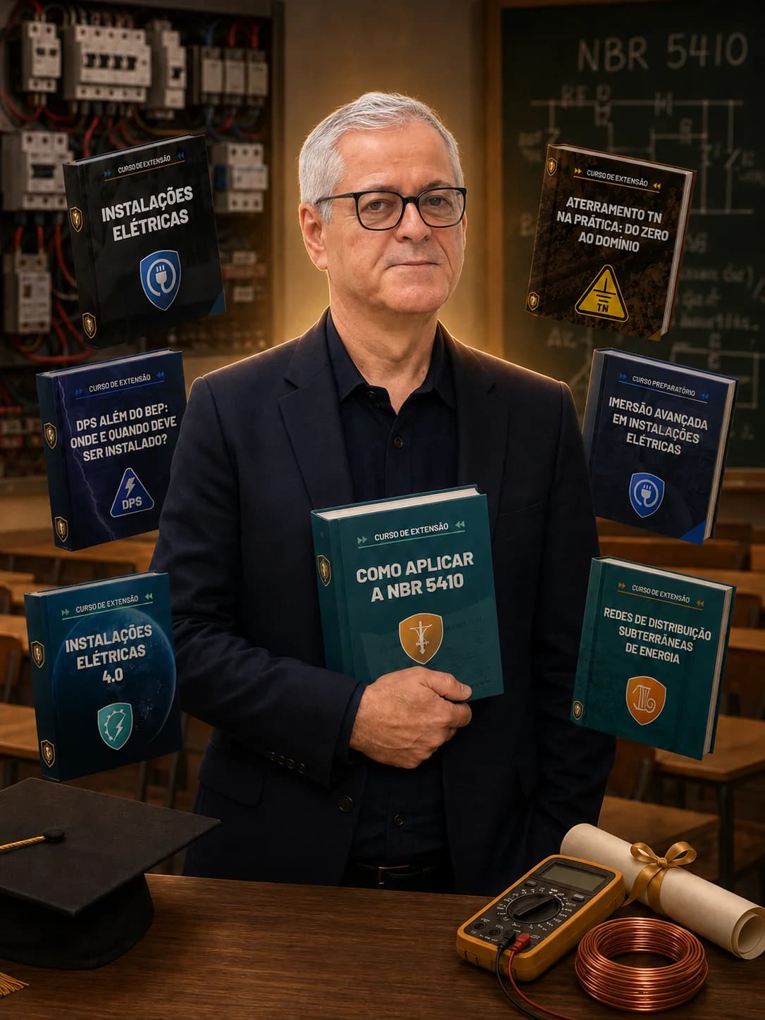 Prof. Hilton Moreno — direção acadêmica da Potência Educação, cercado por livros dos cursos: Pós em Instalações Elétricas, NBR 5410, Aterramento TN, DPS, Imersão Avançada, Instalações Elétricas 4.0 e Redes de Distribuição Subterrâneas