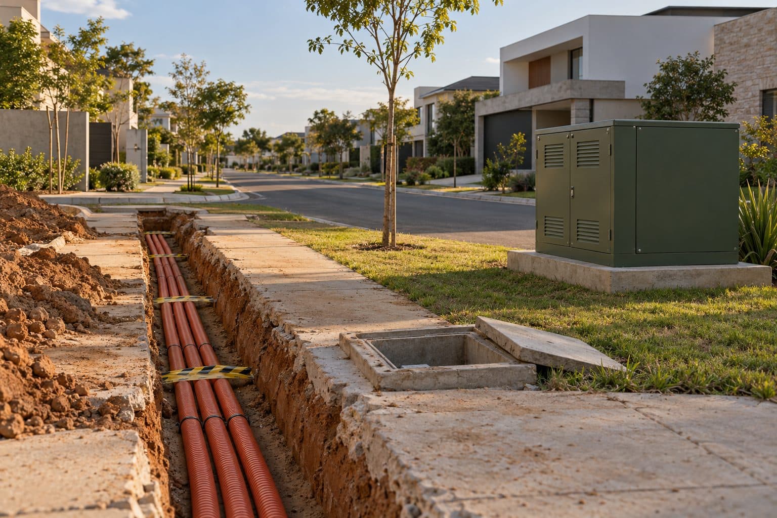 Rua de condomínio sem postes, com a vala aberta na calçada, os eletrodutos no fundo, uma caixa de passagem aberta e o transformador pedestal no gramado.